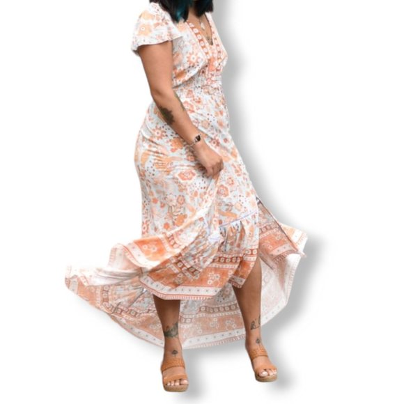 Honey Bunch blue orange + tan floral print high-low boho maxi dress fits AU 8-14 - Picture 8 of 15